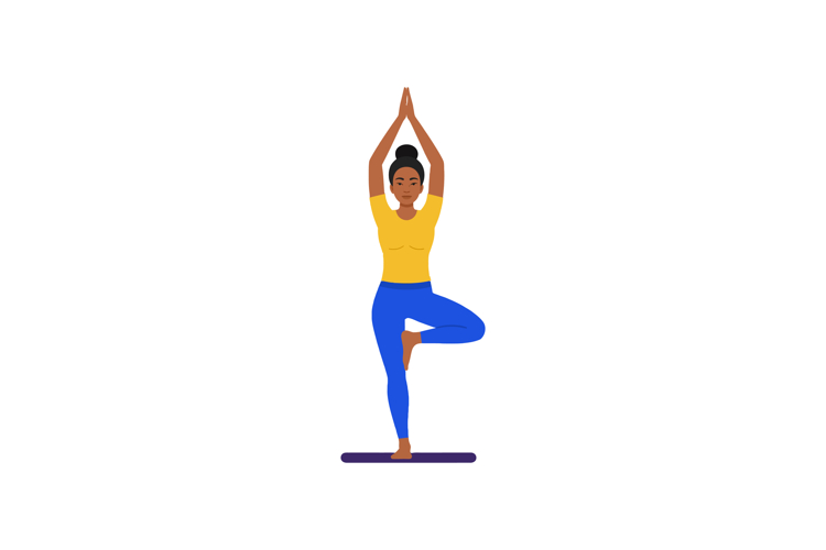 Woman practicing tree yoga pose in bright casual clothes vec