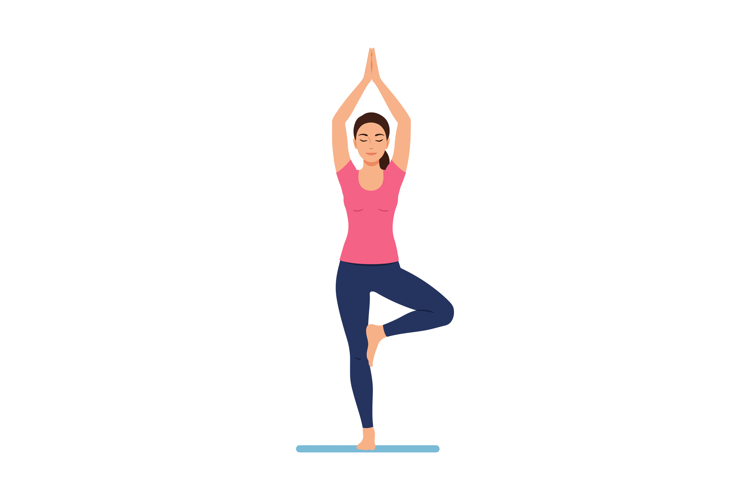 Woman practicing yoga tree pose in pink top and blue pants v