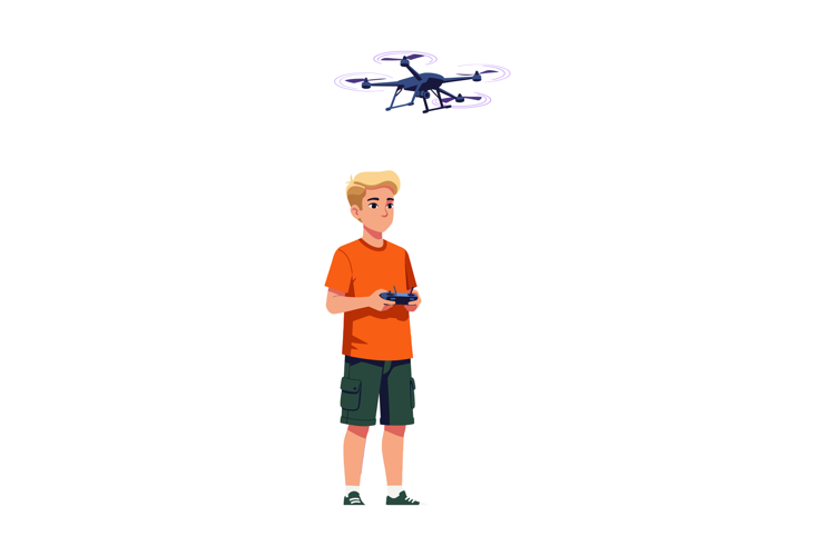 Boy controlling drone with remote in casual clothes vector i