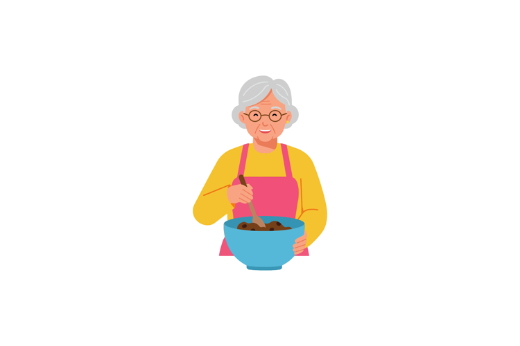 Elderly woman stirring food in blue bowl with pink apron yel