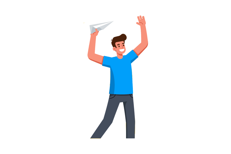 Young man throwing paper airplane in blue shirt and dark pan