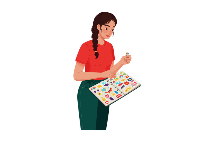 Young woman collecting colorful stickers in album enjoying h example image 1