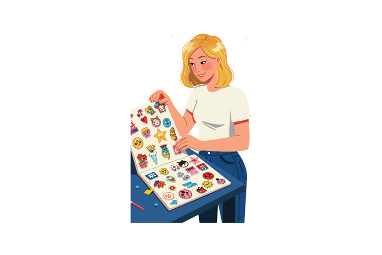 Woman browsing colorful sticker album with various cartoon d