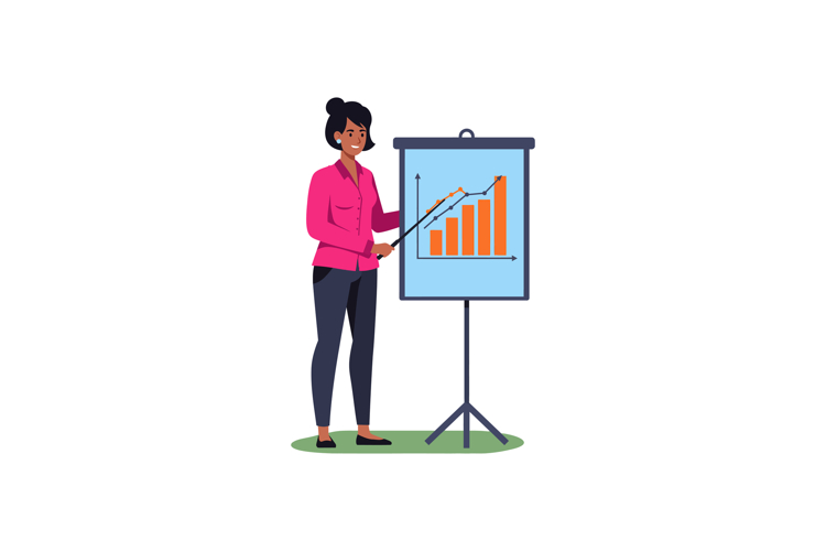 Businesswoman presenting growth chart with orange bars in pr