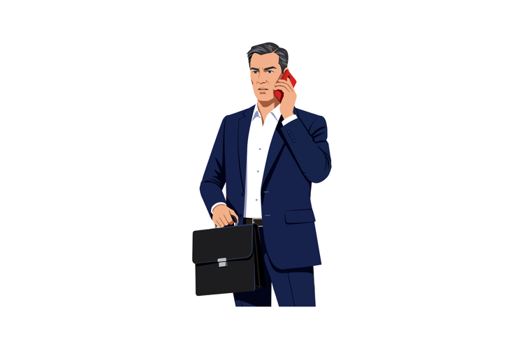 Businessman in navy suit talking on red phone holding black