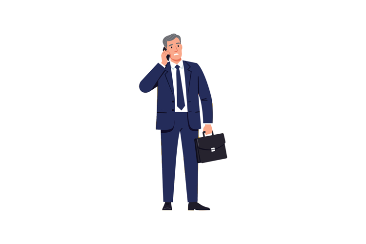 Businessman in blue suit talking on phone holding briefcase