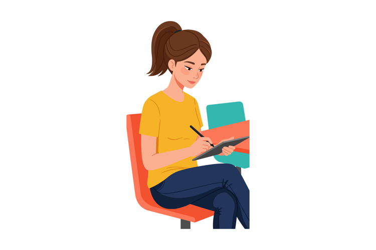 Young woman drawing on digital tablet with stylus in casual