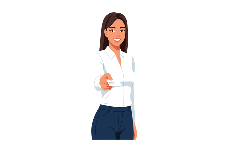 Young woman giving business card vector illustration portrai