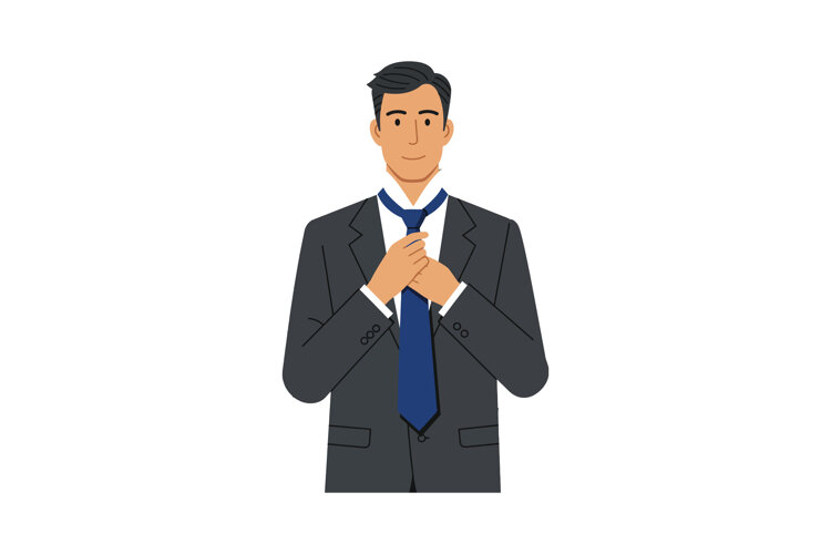 Man wearing dark suit adjusting blue tie formal attire vecto example image 1