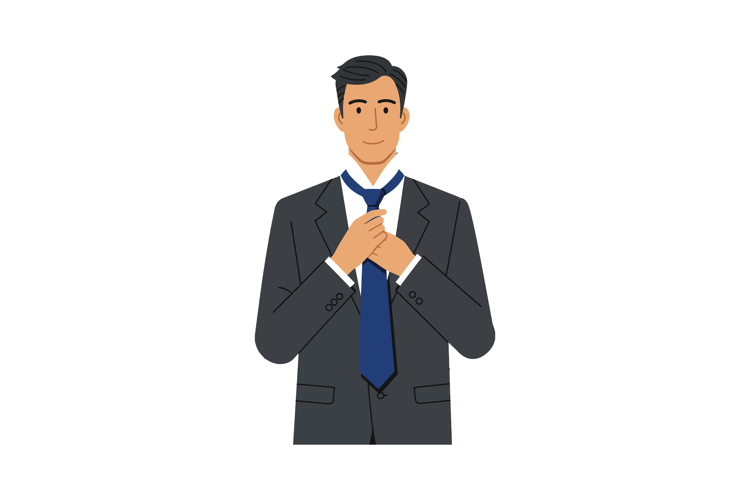 Man wearing dark suit adjusting blue tie formal attire vecto