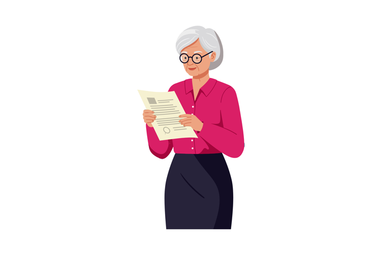 Elderly woman reading document with glasses in pink blouse a