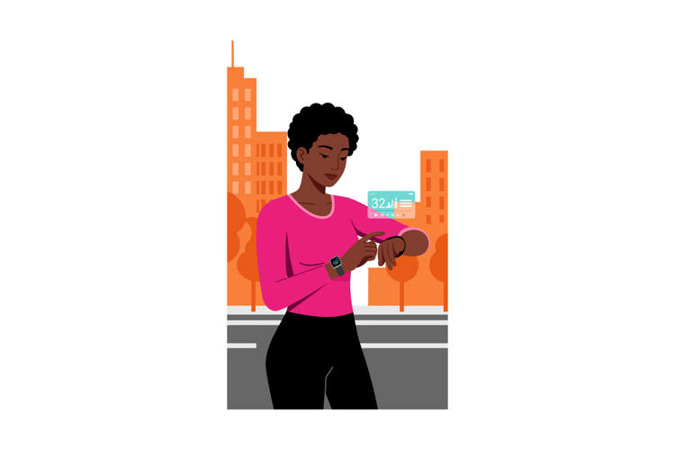 Woman Checking Smartwatch with City Buildings Background Urb
