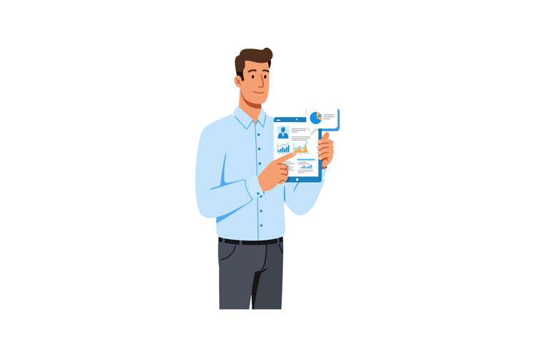 Young man analyzing business data report with charts and gra