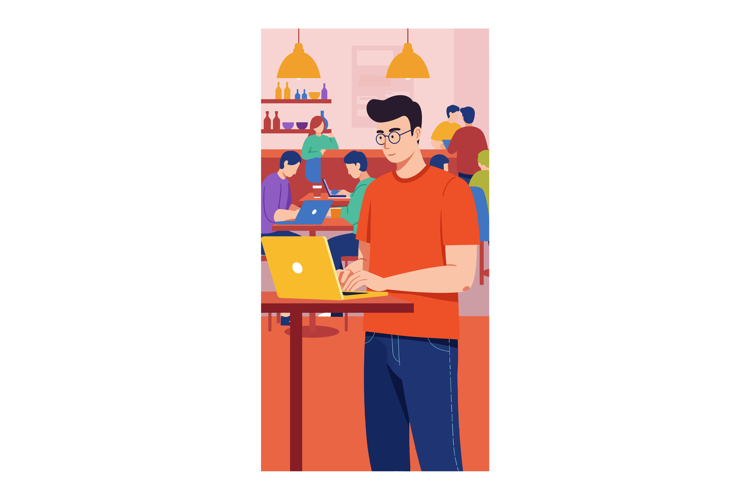 Young man working on laptop in modern coworking space with w