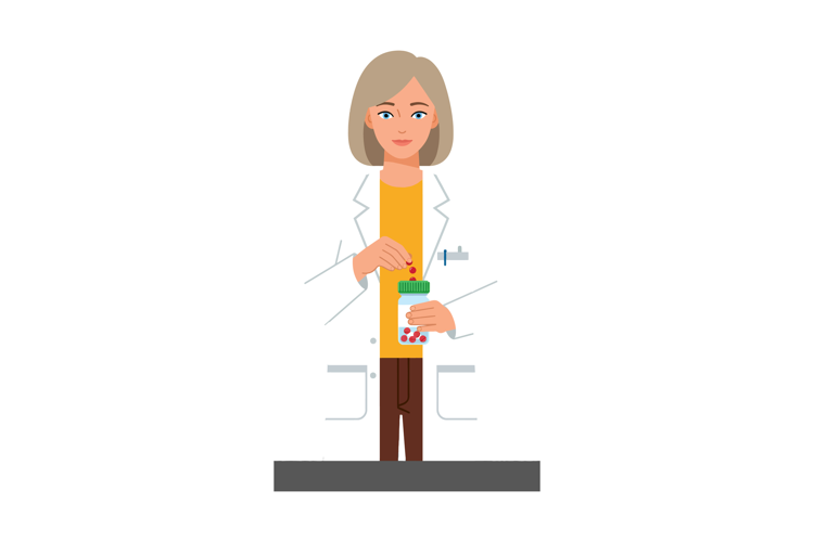 Female Pharmacist Dispensing Pills in White Coat Vector Illu