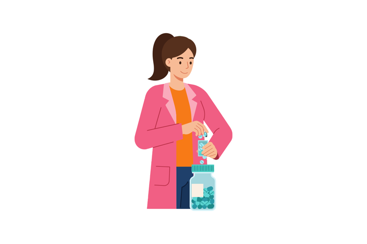 Woman in pink coat preparing pills from bottle in medical se