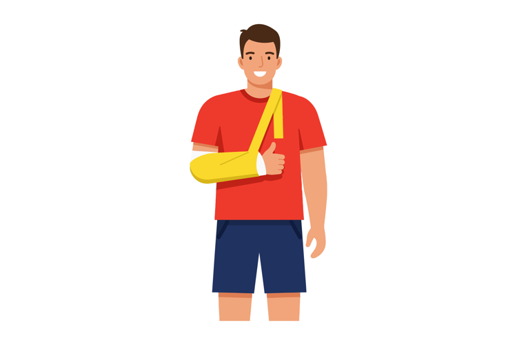 Man with Arm Sling Wearing Red Shirt and Blue Shorts Giving