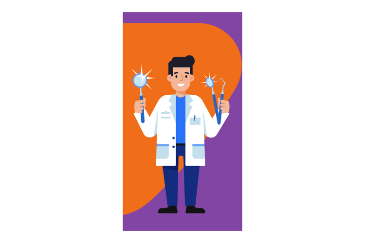 Dentist with dental tools smiling in white coat vector illus