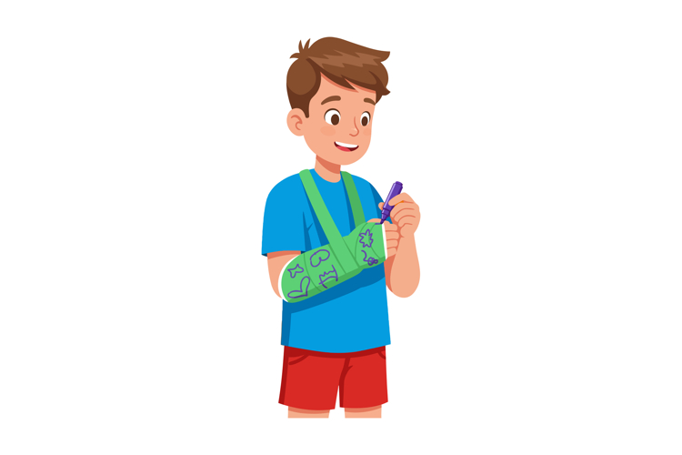 Boy with green arm cast drawing on cast with purple marker c example image 1