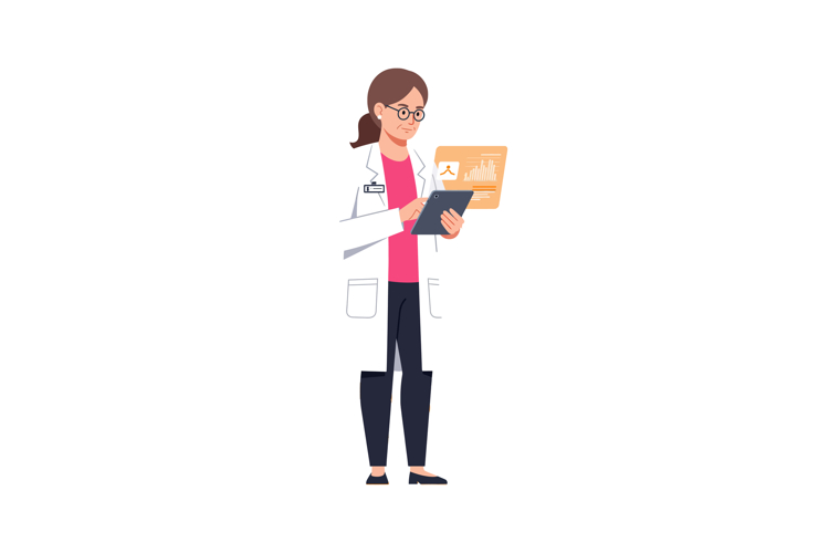 Female scientist using digital tablet with data analytics in