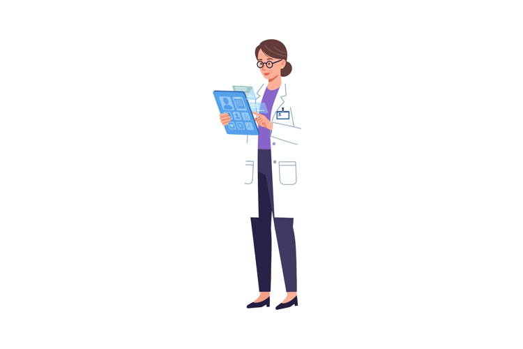 Female doctor reviewing medical records in white coat with g
