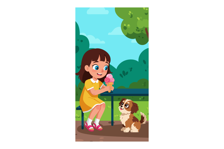 Girl enjoying pink ice cream cone with small dog in green pa