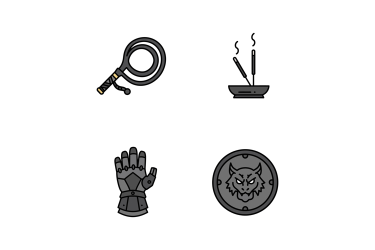 Medieval whip, incense sticks, armored gauntlet, wolf emblem example image 1