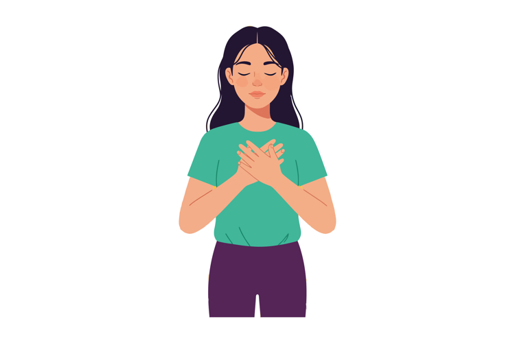 Woman with closed eyes holding hands on chest showing calmne