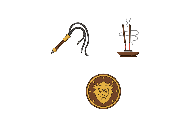 Ancient weapon whip with incense sticks and fantasy monster