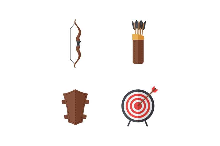 Archery equipment set with bow, arrows, armguard, and target