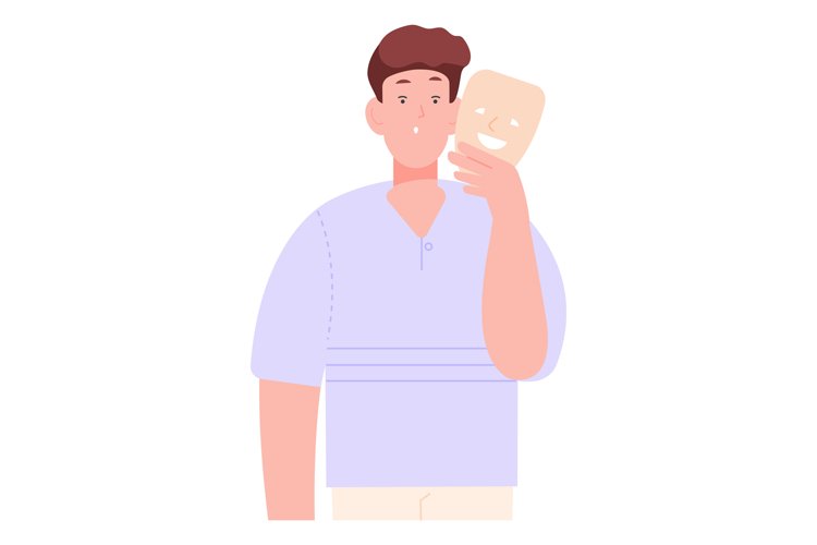 Man with smiling mask. Fake positive mood for social communi