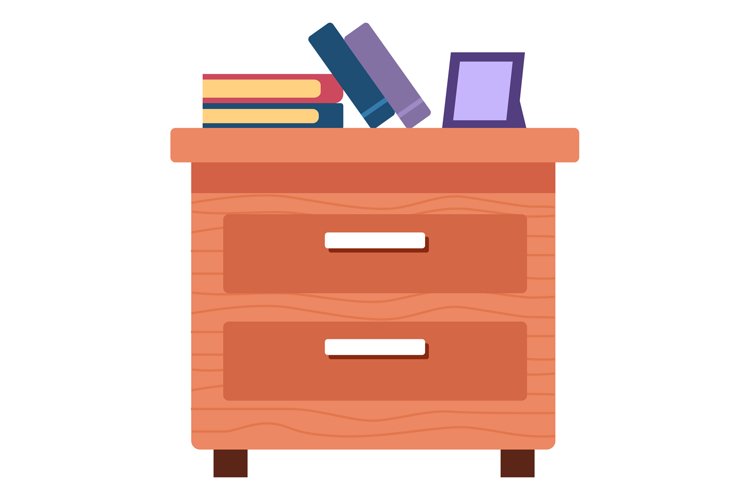 Wooden bedside table with two drawers and bunch of books
