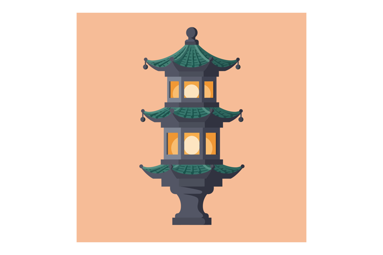 Traditional Asian Stone Lantern with Green Roof and Orange B