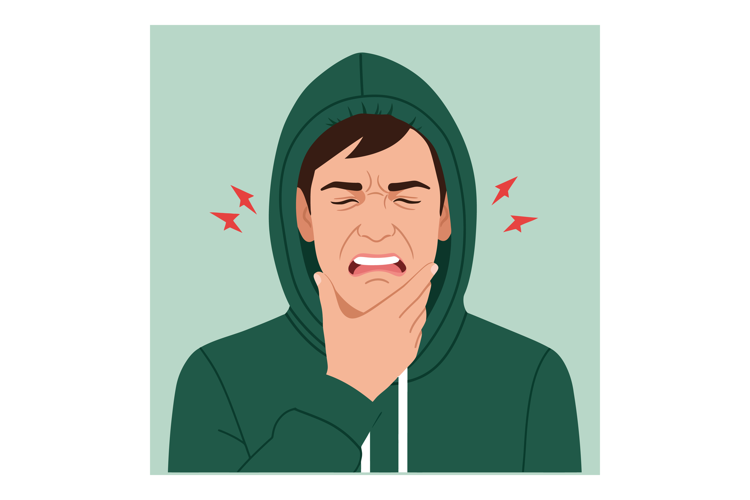 Young man with sore throat holding chin in green hoodie vect