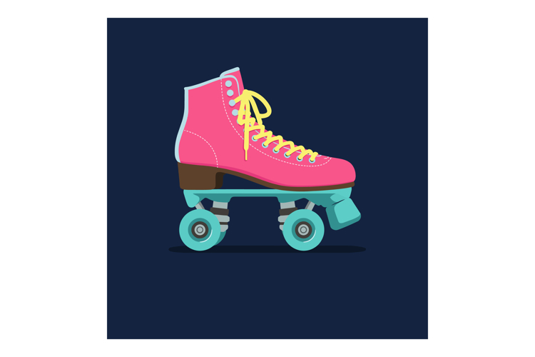 Pink Roller Skate with Yellow Laces on Blue Background Vecto