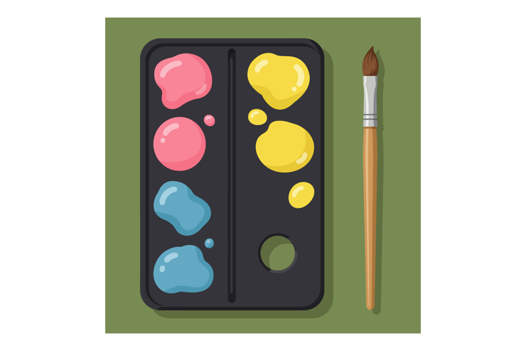 Paint palette with pink yellow blue colors and brush art sup