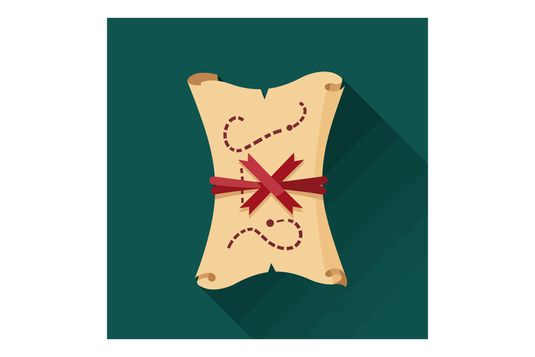 Vintage treasure map scroll with red ribbon and long shadow