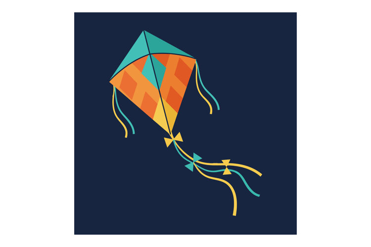 Colorful kite flying in dark blue sky with orange and teal d example image 1