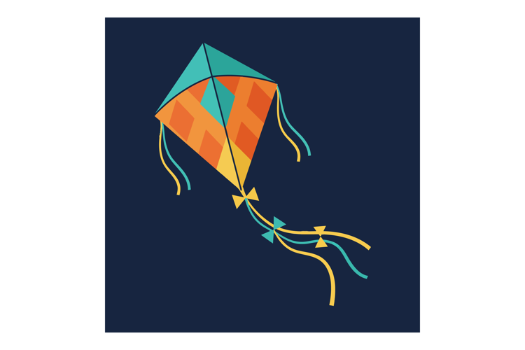 Colorful kite flying in dark blue sky with orange and teal d