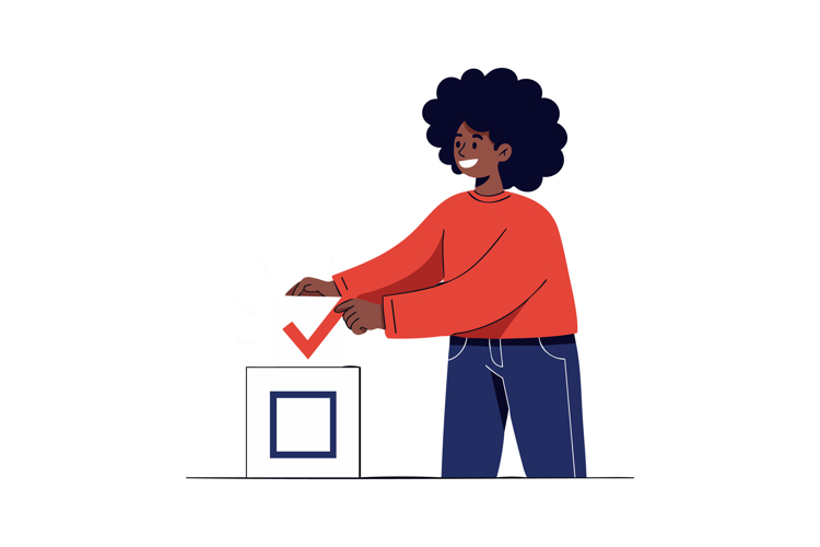 Woman casting vote in election with red sweater and blue jea