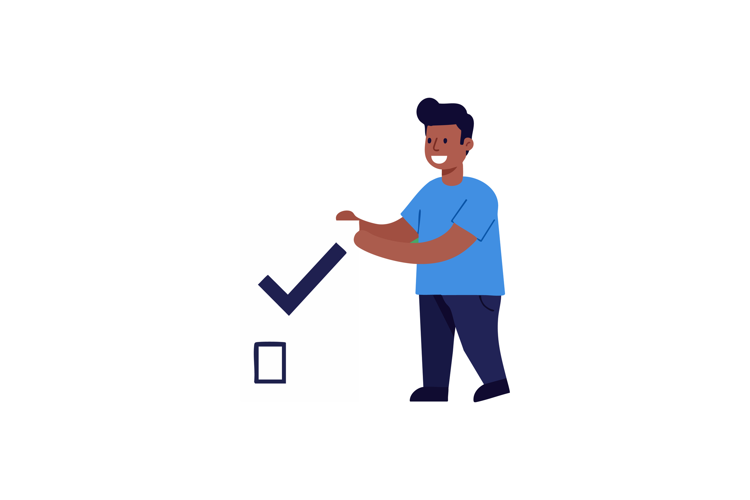 Man in blue shirt checking off checklist box with dark blue