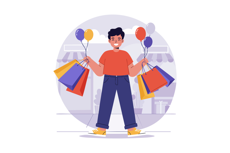 Happy young person holding colorful balloons and shopping ba