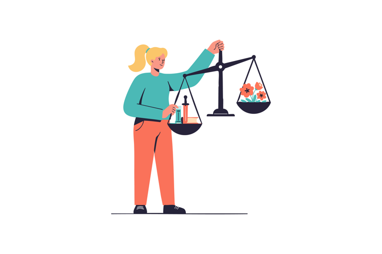 Woman holding balance scale with flowers and bottles symboli