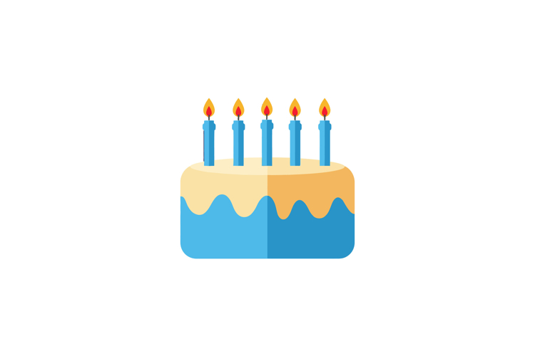 Birthday cake with five lit candles flat design minimal colo