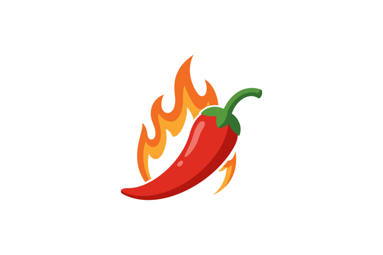 Red chili pepper with green stem and bright orange flames in