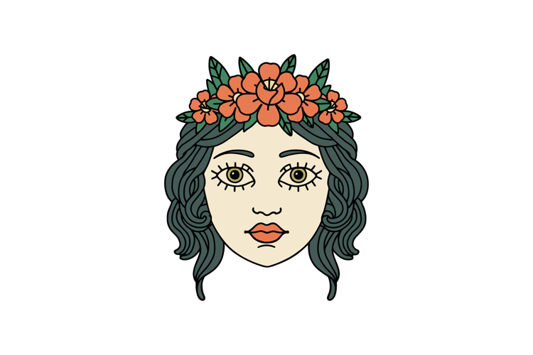 Woman face with dark wavy hair and floral crown in detailed