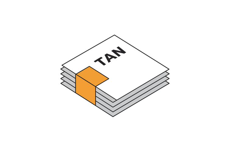 Stack of white tan paper sheets with orange band minimal iso