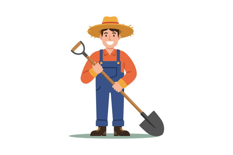 Smiling male farmer in straw hat holding shovel wearing blue