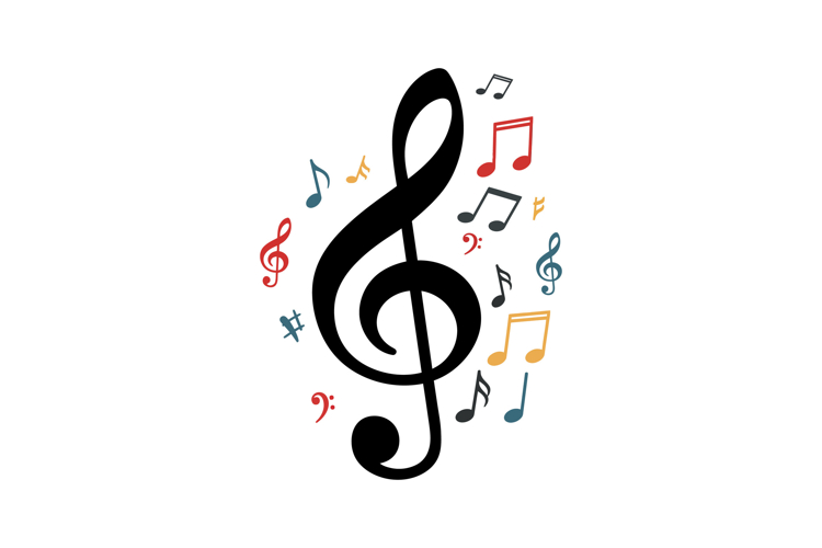 Large black treble clef surrounded by colorful musical notes