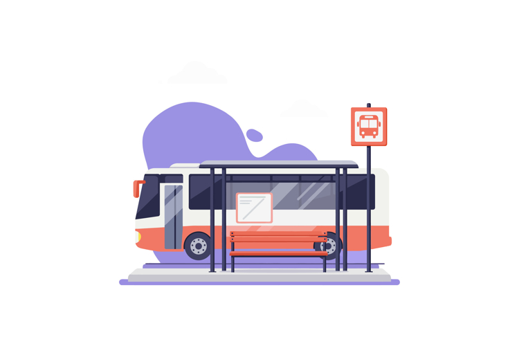 Modern city bus at bus stop with shelter and bench flat styl